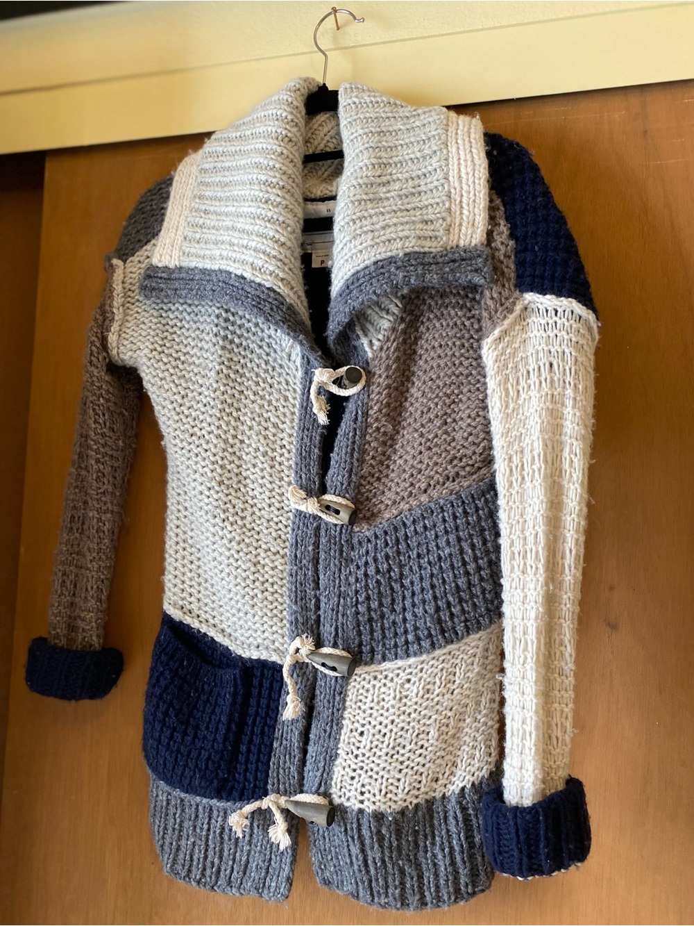 Chunky Colorblock Knit Cardigan Sweater - Cream, Gray & Navy